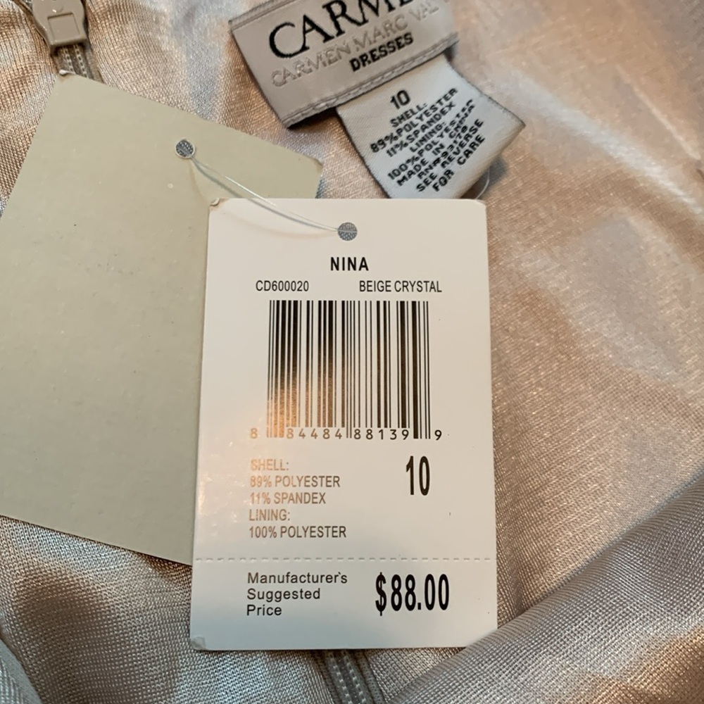 NWT Carmen Marc Valvo Nina Sleeveless Peplum Dress Beige Crystal Women’s 10 - Picture 7 of 15